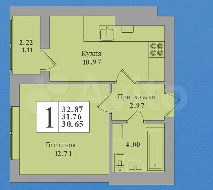 1-к. квартира, 31,8м, 5/8эт. - Фото 1