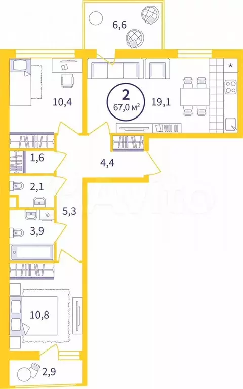 2-к. квартира, 61 м, 6/8 эт. - Фото 0