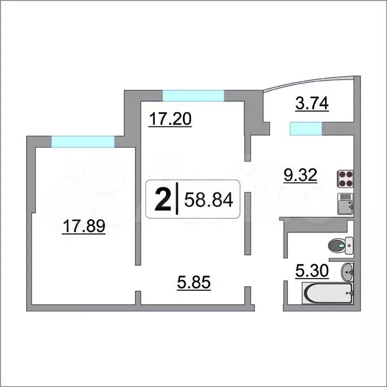 2-к. квартира, 58,7 м, 12/16 эт. - Фото 0