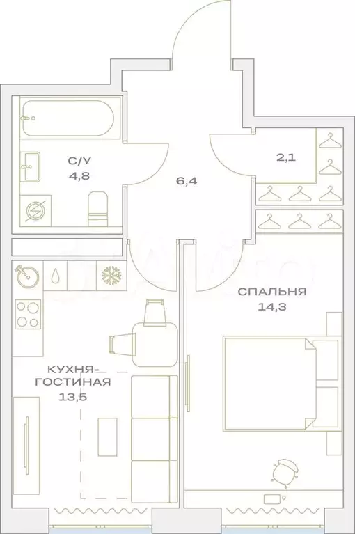 1-к. квартира, 41,1 м, 5/23 эт. - Фото 0