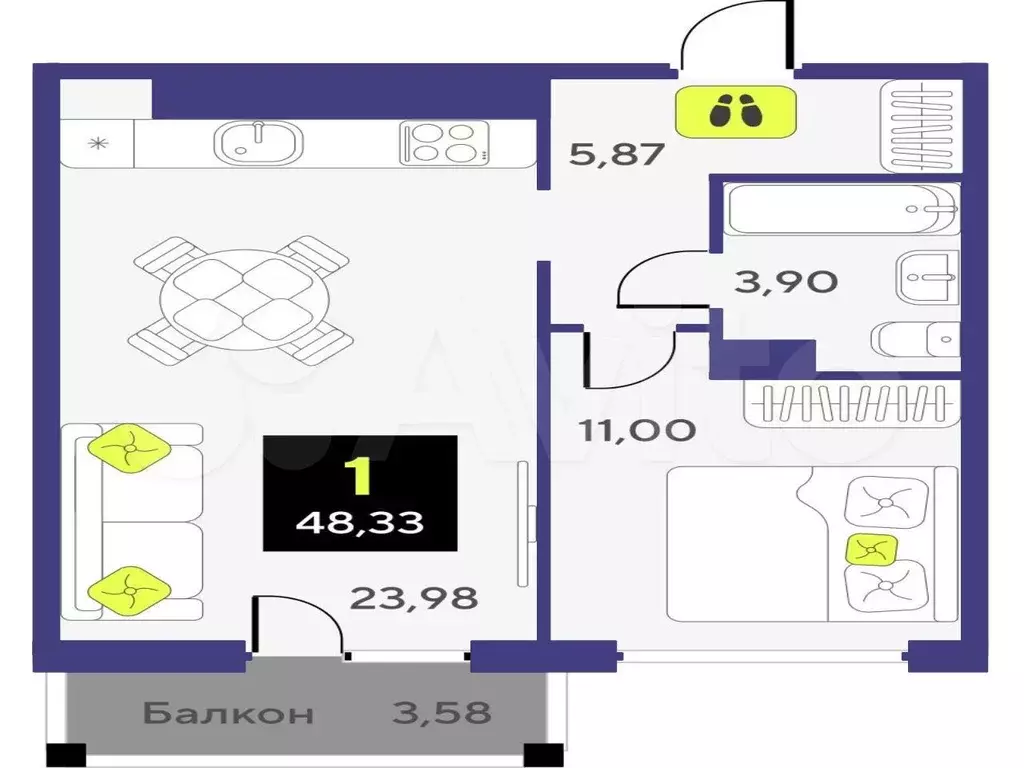 1-к. квартира, 48,3 м, 2/9 эт. - Фото 1