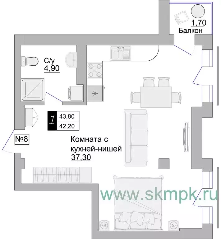 1-комнатная квартира: Зеленоградск, улица Гагарина, 57 (43.8 м) - Фото 0
