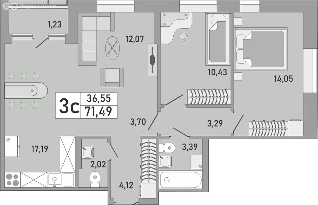 3-комнатная квартира: Уфа, Бакалинская улица, 9/1 (71.49 м) - Фото 1