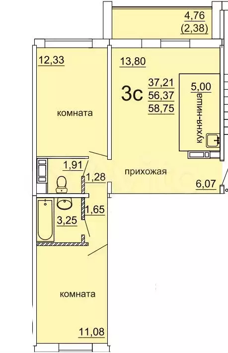 2-к. квартира, 59 м, 3/10 эт. - Фото 0