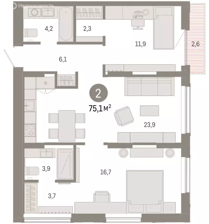 2-комнатная квартира: Тюмень, микрорайон ДОК, ЖК Октябрьский на Туре ... - Фото 2