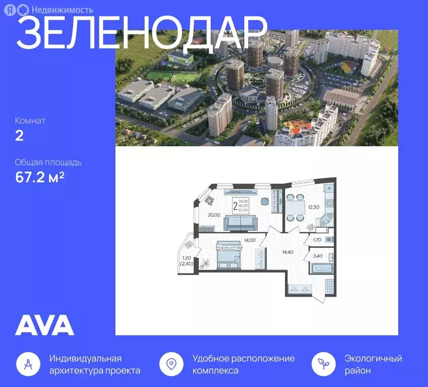 2-комнатная квартира: Краснодар, жилой комплекс Зеленодар (67.2 м) - Фото 0