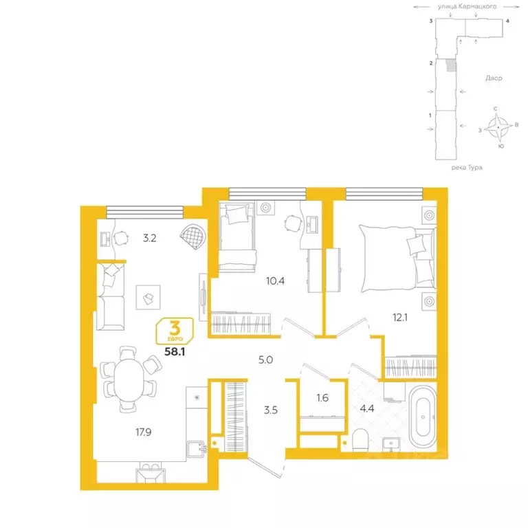 3-к кв. Тюменская область, Тюмень Космо жилой комплекс (58.1 м) - Фото 1