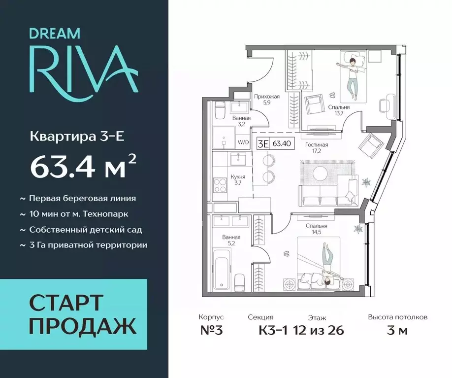 3-к кв. Москва Дрим Рива жилой комплекс (63.4 м) - Фото 0