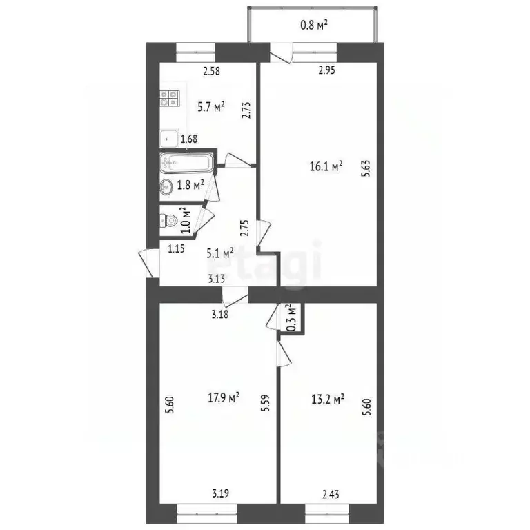 3-к кв. Башкортостан, Стерлитамак ул. Худайбердина, 91 (61.1 м) - Фото 1