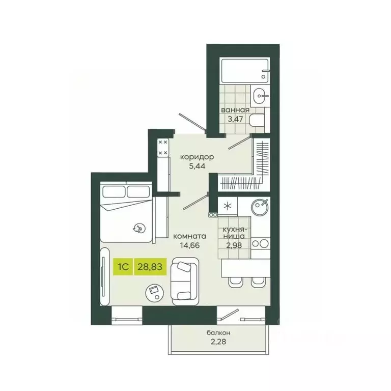 1-к кв. Новосибирская область, Новосибирск Гринвилл жилой комплекс ... - Фото 1