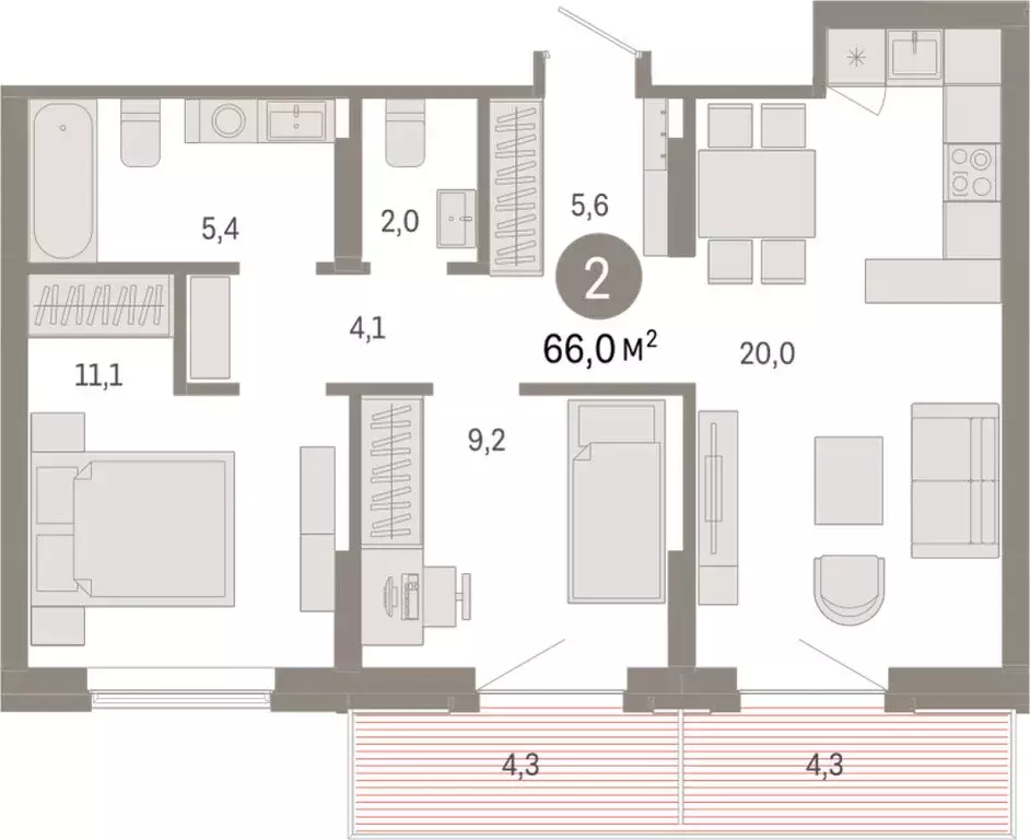 2-комнатная квартира: Омск, Кировский округ (66.03 м) - Фото 1