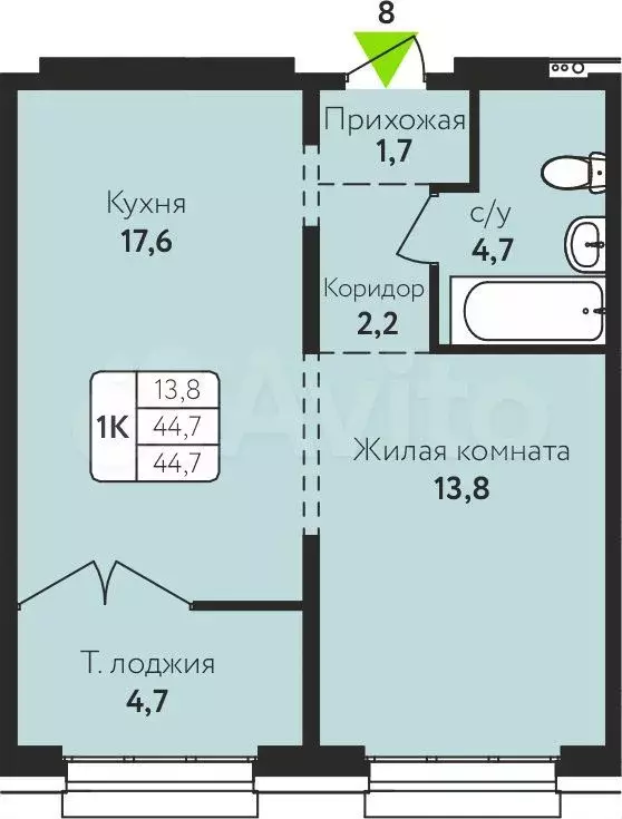 1-к. квартира, 44,7 м, 7/17 эт. - Фото 1