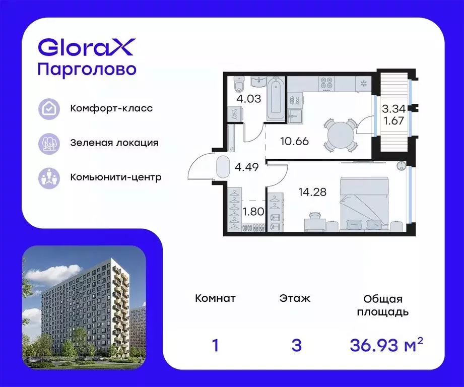 1-к кв. Санкт-Петербург пос. Парголово, Глоракс Парголово жилой ... - Фото 0