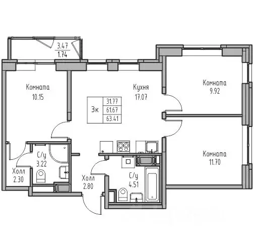 3-к кв. Санкт-Петербург ул. Ивинская, 1к4 (63.41 м) - Фото 1
