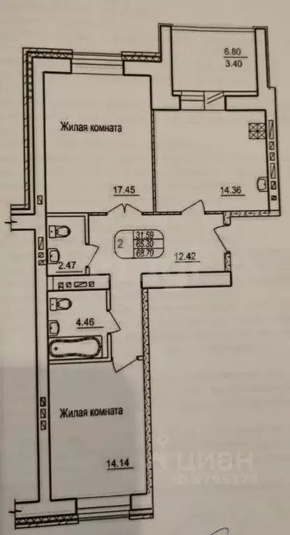 2-к кв. Татарстан, Казань ул. Салиха Батыева, 17 (65.7 м) - Фото 1