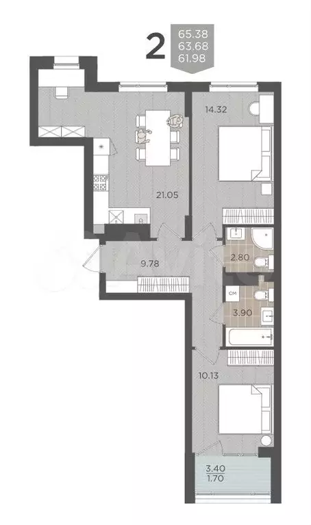 2-к. квартира, 65,4 м, 5/9 эт. - Фото 1