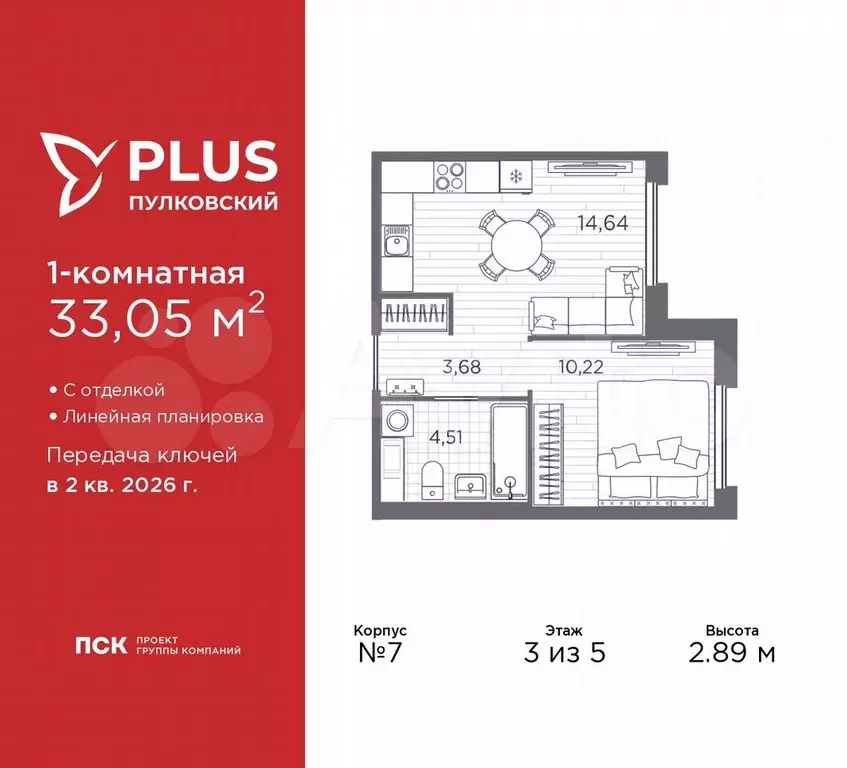 1-к. квартира, 33,1 м, 3/5 эт. - Фото 0