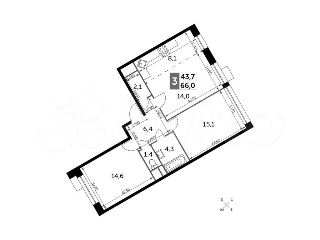 3-к. квартира, 66м, 4/22эт. - Фото 0