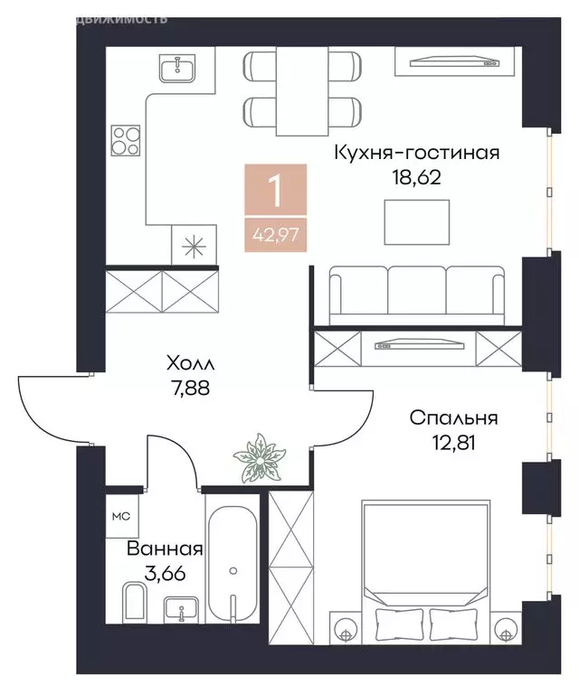 1-комнатная квартира: село Поляны, Новая улица, 1 (42.97 м) - Фото 0