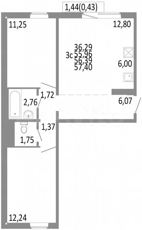 3-к. квартира, 56,4 м, 9/10 эт. - Фото 0