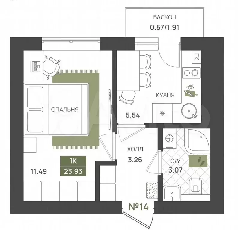 1-к. квартира, 24 м, 2/5 эт. - Фото 1