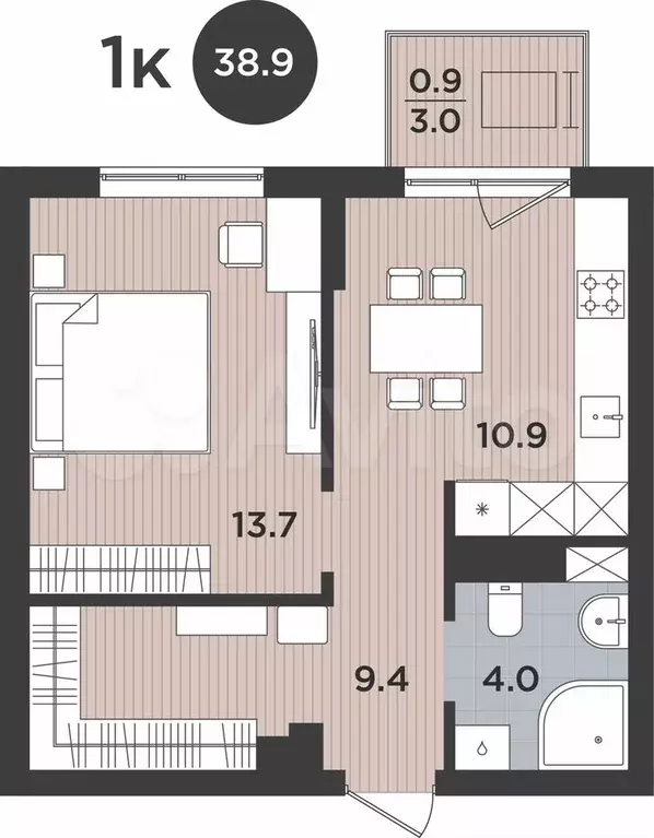 1-к. квартира, 38,9 м, 9/9 эт. - Фото 1