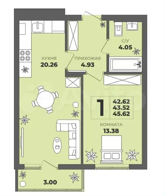 1-к. квартира, 43,5 м, 7/8 эт. - Фото 1