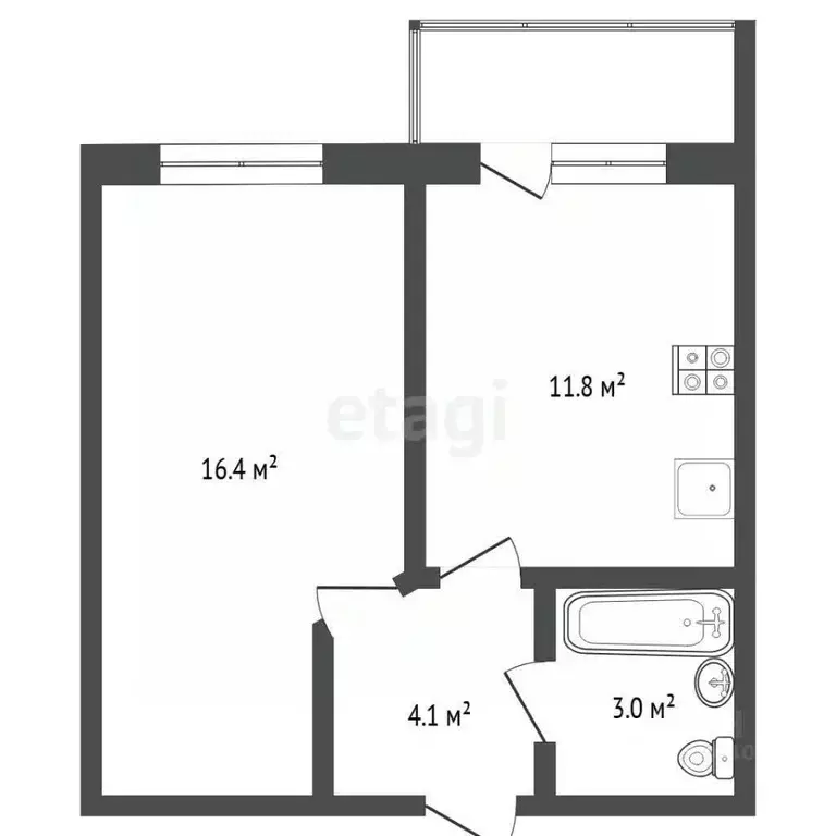 1-к кв. Тюменская область, Тюмень ул. Клары Цеткин, 61к5 (34.3 м) - Фото 2
