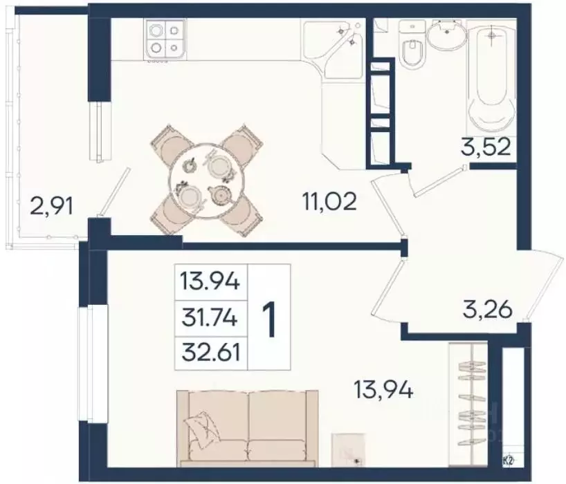 1-к кв. Краснодарский край, Краснодар  (32.61 м) - Фото 1