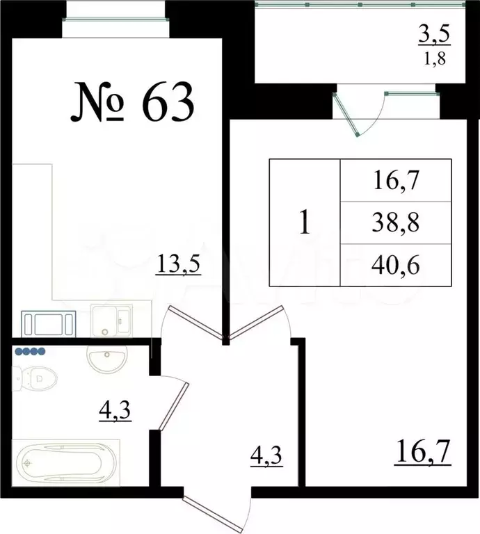 1-к. квартира, 40,6м, 8/8эт. - Фото 0