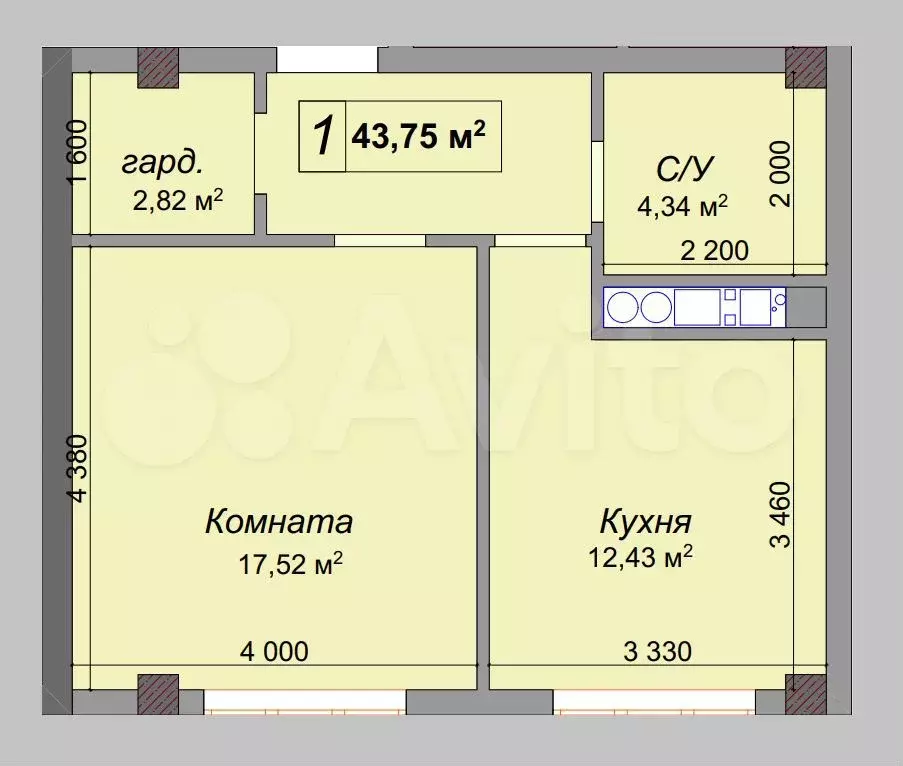 1-к. квартира, 43,7 м, 2/12 эт. - Фото 0