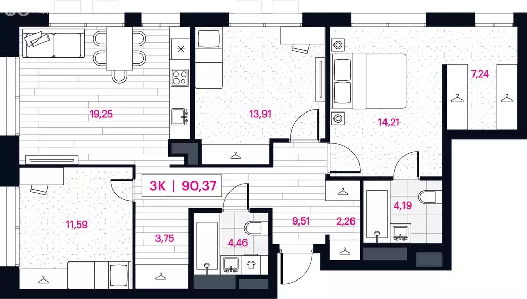 3-комнатная квартира: Омск, ЖК Пушкина 77 (90.37 м) - Фото 0