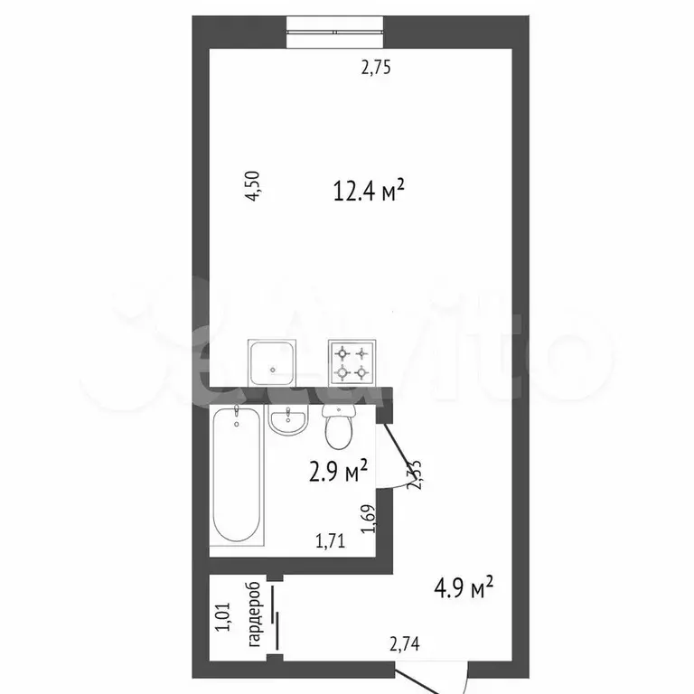 Квартира-студия, 33,4 м, 3/3 эт. - Фото 0