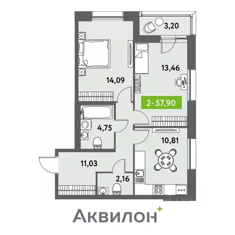 2-к кв. санкт-петербург аквилон ливз жилой комплекс (57.9 м) - Фото 0