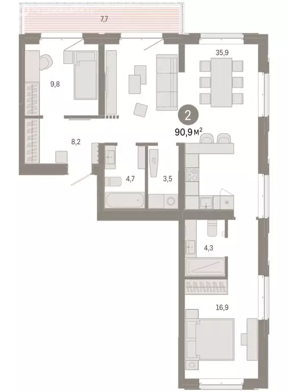 2-комнатная квартира: Тюмень, жилой комплекс На Минской (90.9 м) - Фото 1