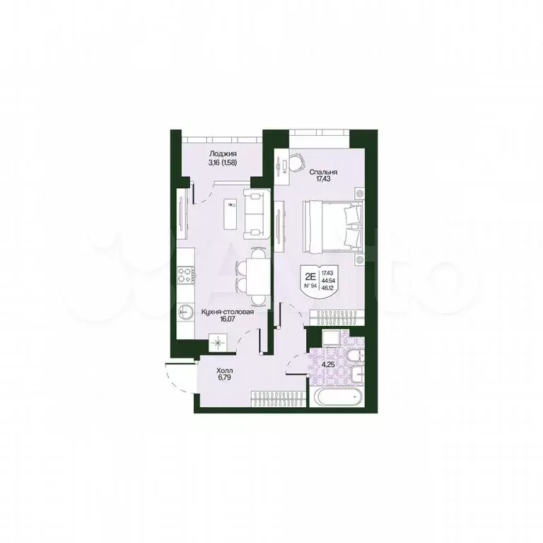 1-к. квартира, 46,1 м, 2/4 эт. - Фото 0