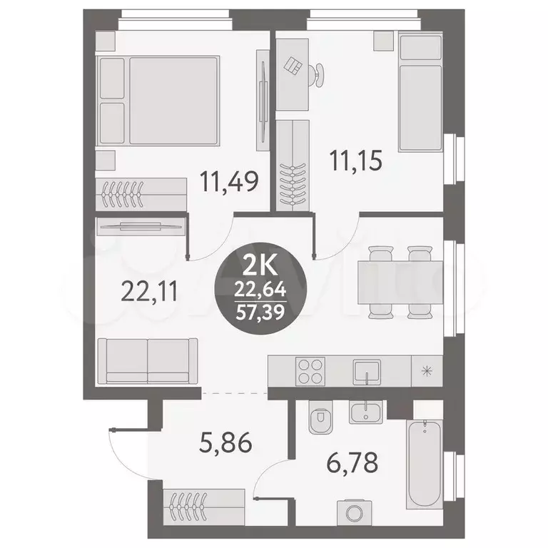 2-к. квартира, 57,4 м, 2/18 эт. - Фото 0