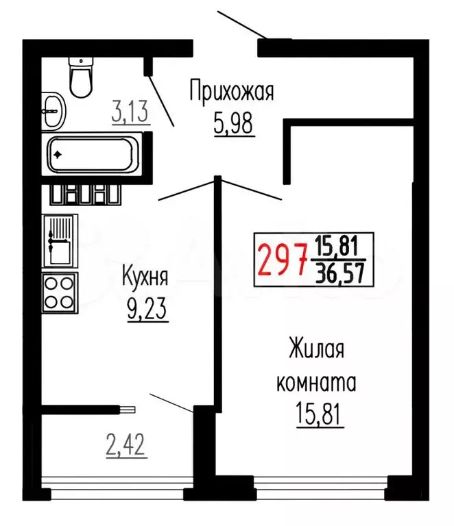 1-к. квартира, 36,6 м, 22/27 эт. - Фото 0