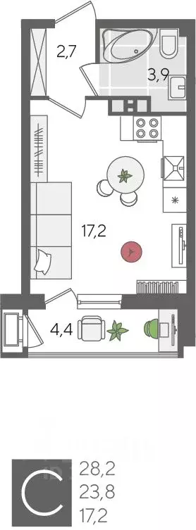 Студия Краснодарский край, Краснодар Новороссийская ул., 102И (28.2 м) - Фото 1