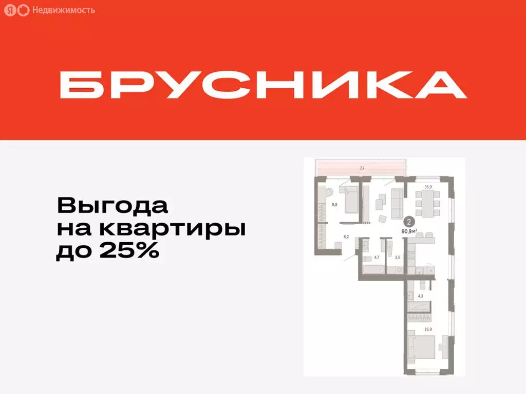2-комнатная квартира: Тюмень, жилой комплекс На Минской (90.9 м) - Фото 0