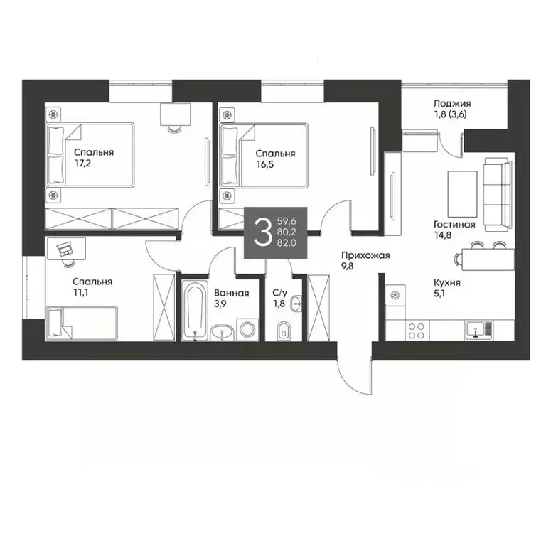 3-к кв. Татарстан, Альметьевск ул. Гафиатуллина, 62 (82.0 м) - Фото 0