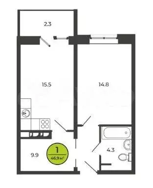 1-к. квартира, 46,9 м, 2/8 эт. - Фото 0