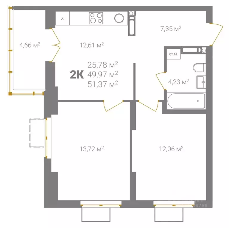 2-к кв. Нижегородская область, Нижний Новгород Ветеринарная ул. (51.37 ... - Фото 1