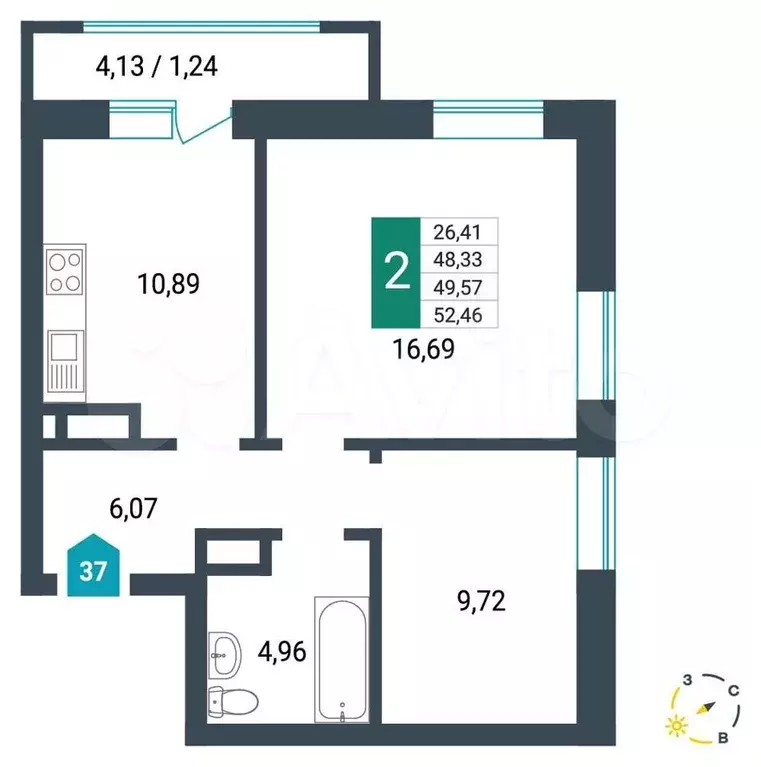 2-к. квартира, 49,6 м, 8/12 эт. - Фото 0