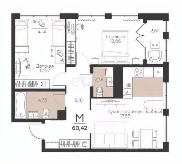 2-к кв. Тульская область, Тула городской округ, пос. Молодежный ул. ... - Фото 1