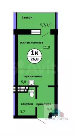 Квартира-студия, 26,7 м, 2/9 эт. - Фото 0