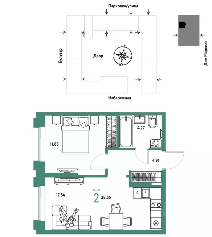 2-к кв. Тюменская область, Тюмень Береговая ул., 100к2 (38.55 м) - Фото 1