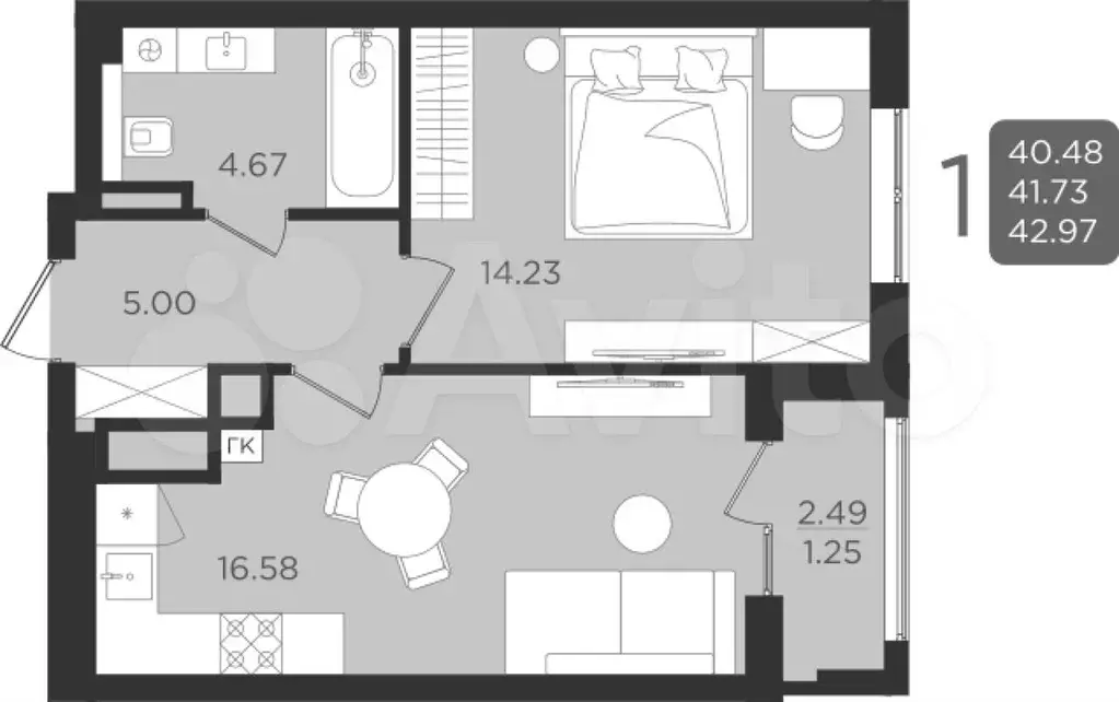 1-к. квартира, 41,7 м, 1/9 эт. - Фото 0