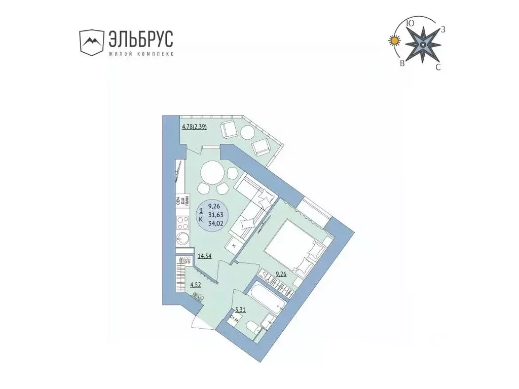 1-к кв. Башкортостан, Уфа Кавказская ул., 24 (34.02 м) - Фото 1