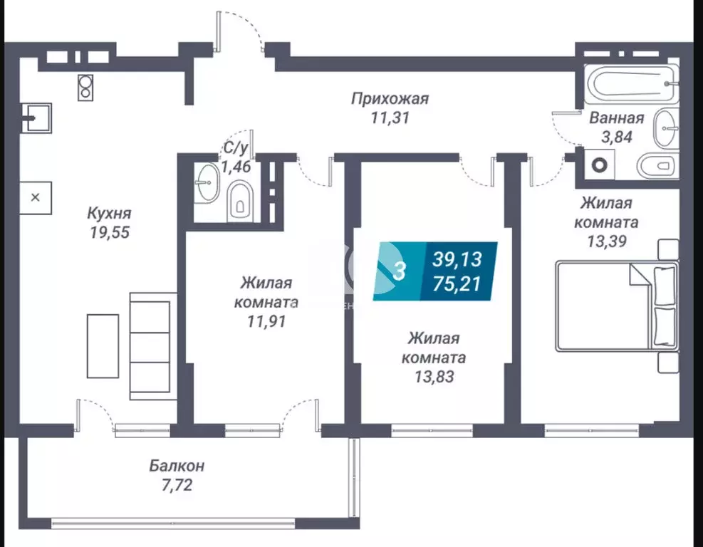 3-комнатная квартира: Новосибирск, улица Королёва, 17А (75.21 м) - Фото 0